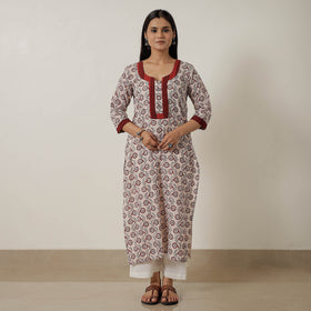 Beige Block Print Mul Cotton Straight Bagh Kurta For Women
