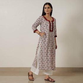 Beige Block Print Mul Cotton Straight Bagh Kurta For Women