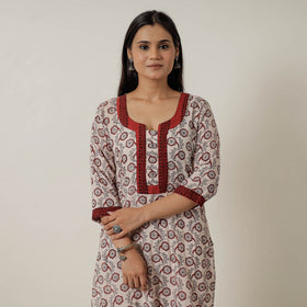 Beige Block Print Mul Cotton Straight Bagh Kurta For Women