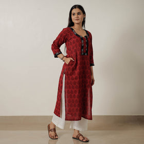 Red Block Print Mul Cotton Straight Bagh Kurta For Women