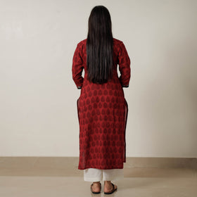 Red Block Print Mul Cotton Straight Bagh Kurta For Women