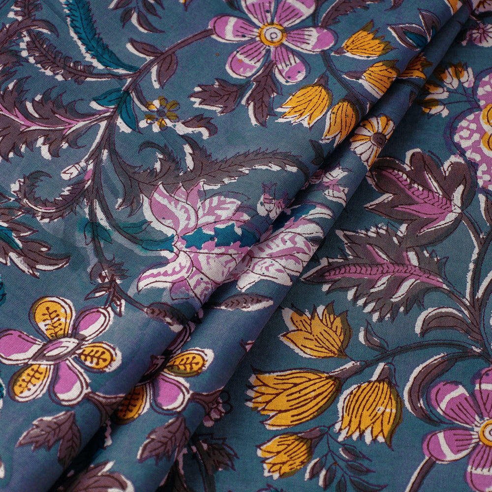 Dark Grey Floral Jaal Sanganeri Block Printed Cotton Fabric