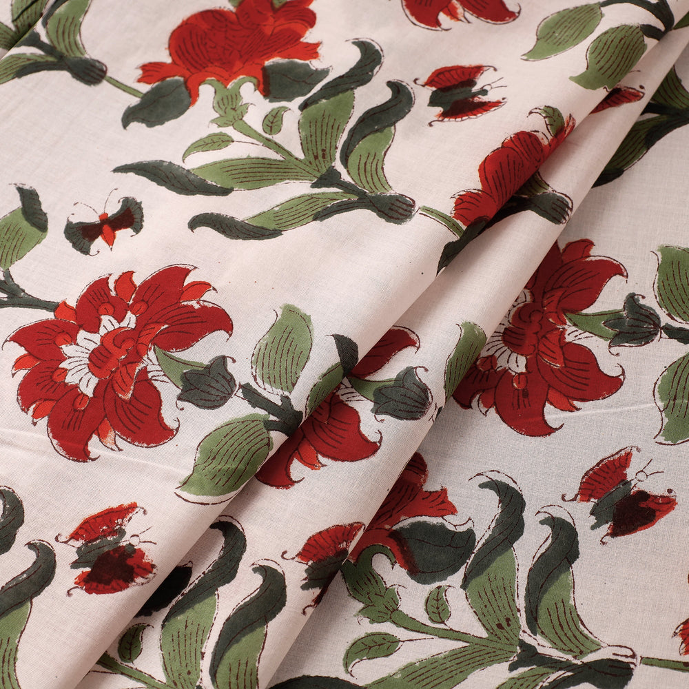 White - Red Tropical Flowers Cotton Sanganeri Print Fabric