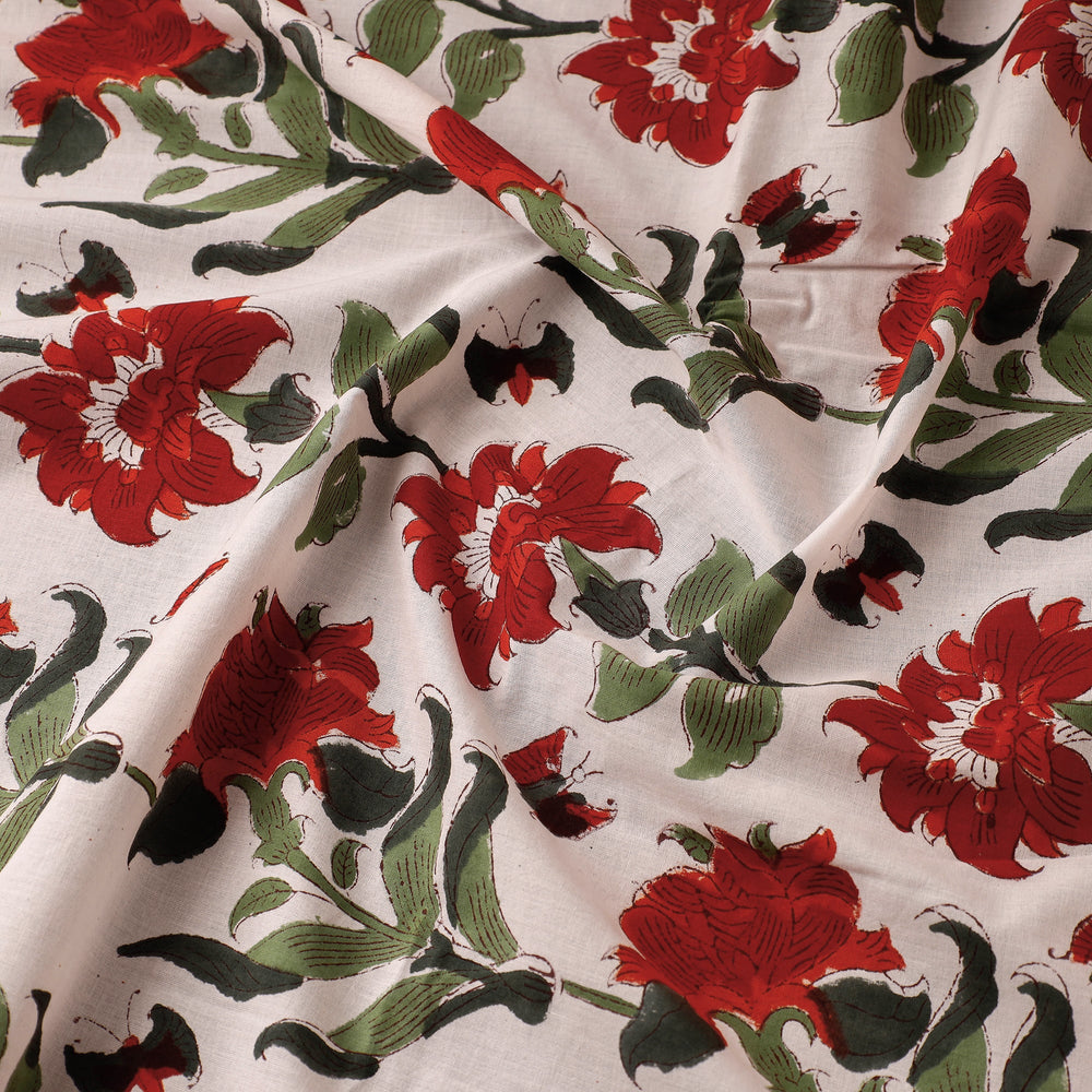 White - Red Tropical Flowers Cotton Sanganeri Print Fabric