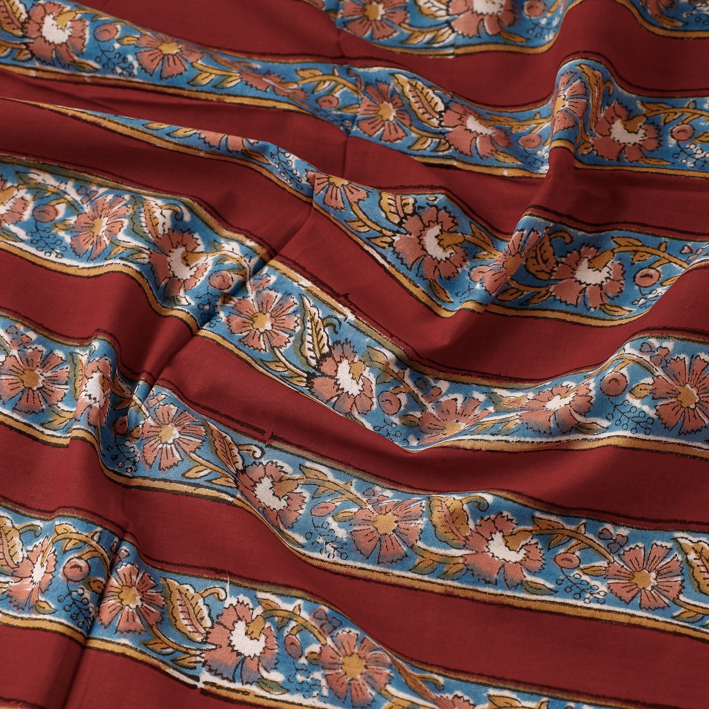 Multicolor - Red Floral Border Sanganeri Block Printed Cotton Fabric
