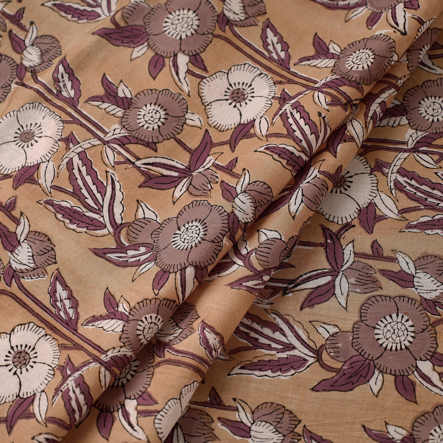 Dark Beige Floral Sanganeri Block Printed Cotton Fabric