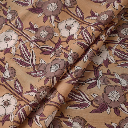 Dark Beige Floral Sanganeri Block Printed Cotton Fabric