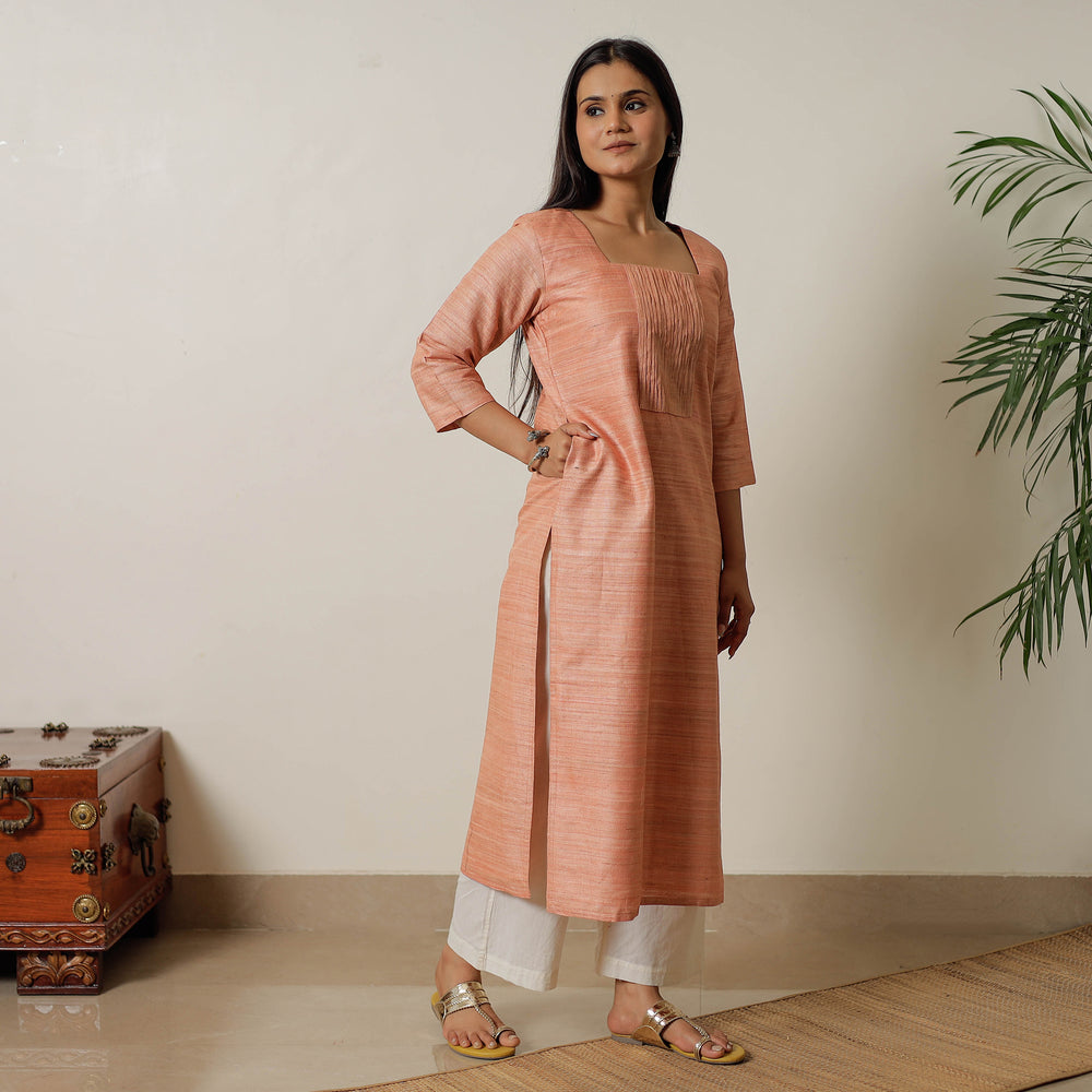 Peach - Bhagalpuri Handwoven Desi Tussar Silk Pintuck Straight Kurta 19