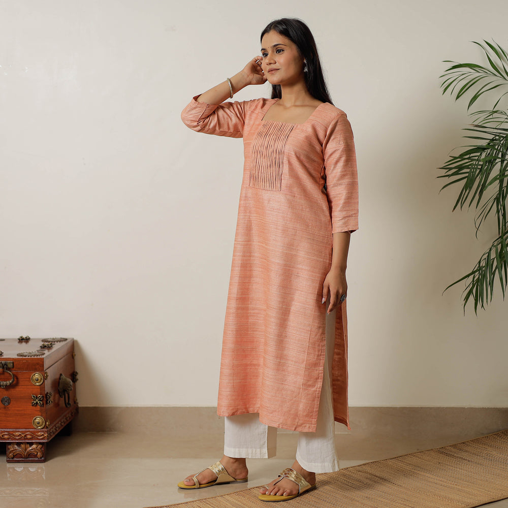 Peach - Bhagalpuri Handwoven Desi Tussar Silk Pintuck Straight Kurta 19