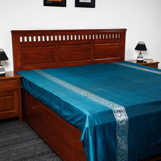 Blue - Himroo Handloom Mercerized Cotton Double Bed Cover (94 x 87 in)