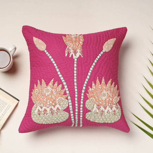 Pink - Applique Quilted Cotton Cushion Cover (16 x 16 in)