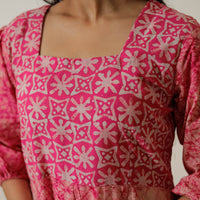 Pink - Hand Batik Printed Cotton Flared Dress 02