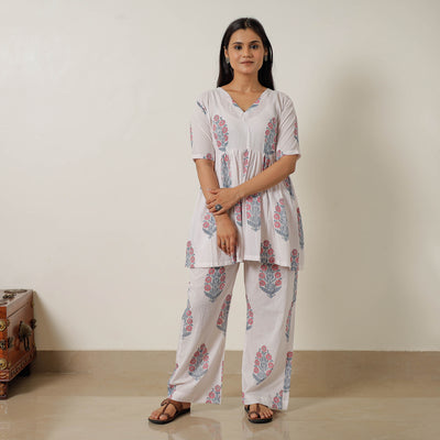 White - Sanganeri Block Printed Cotton Co-Ord Set 07