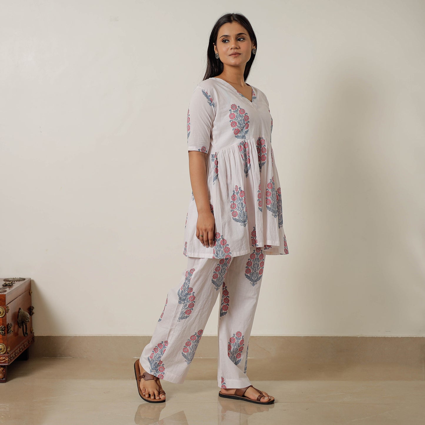 White - Sanganeri Block Printed Cotton Co-Ord Set 07