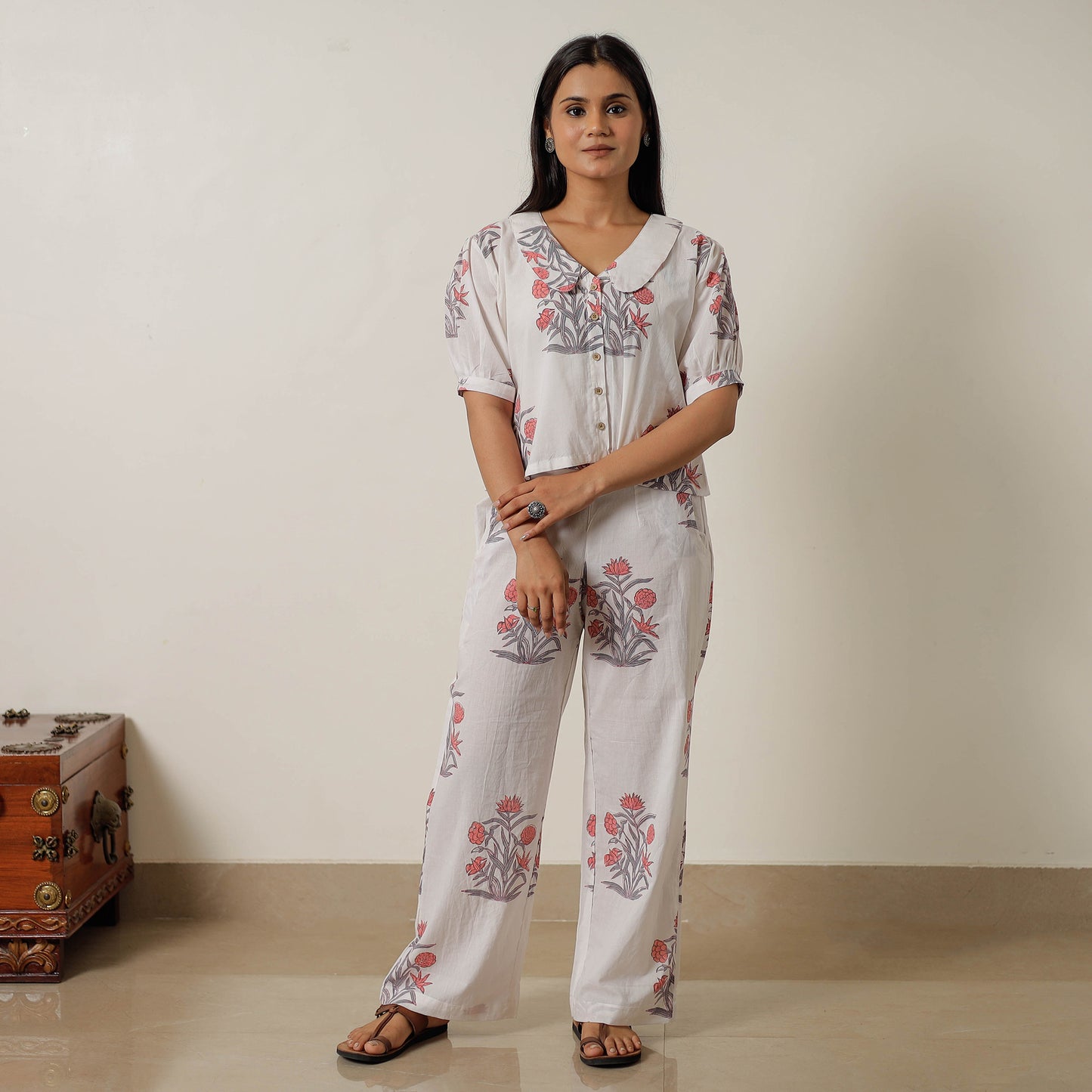 White - Sanganeri Block Printed Cotton Co-Ord Set 22