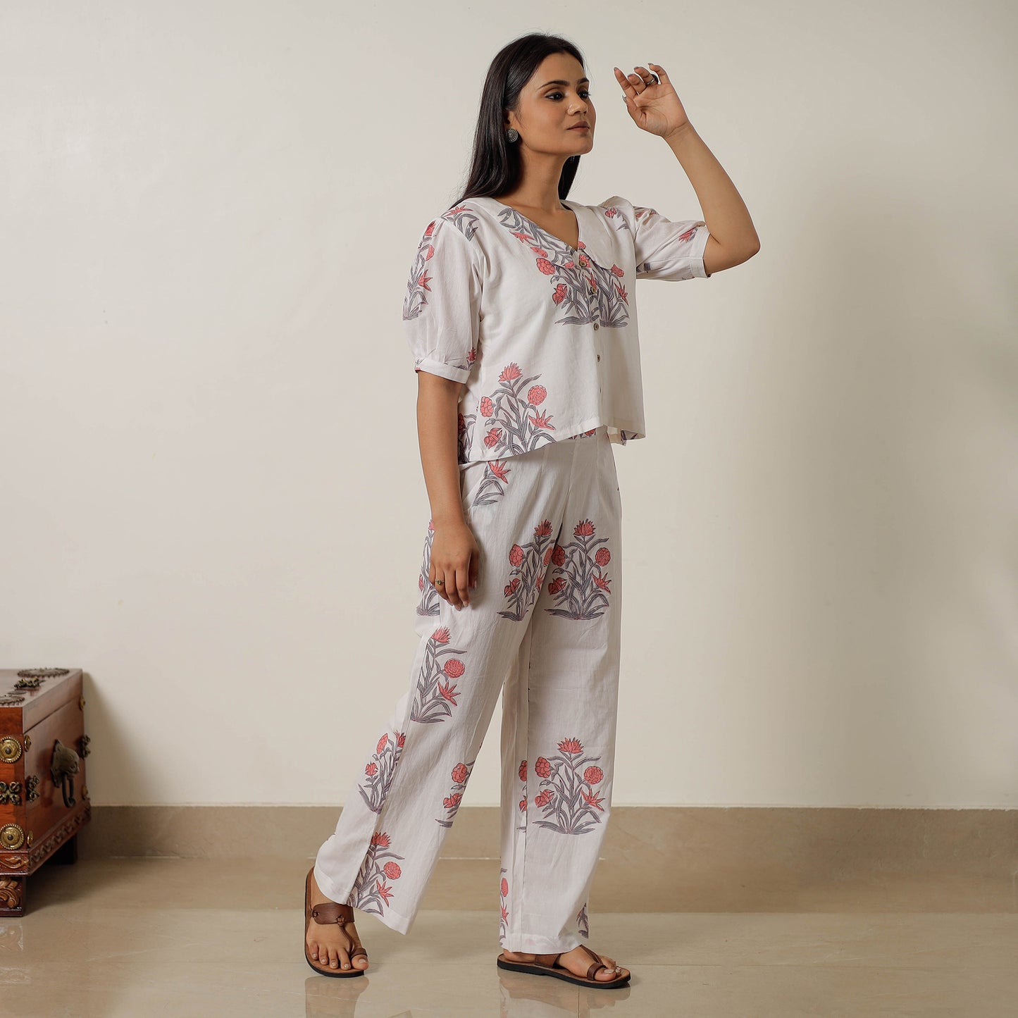 White - Sanganeri Block Printed Cotton Co-Ord Set 22