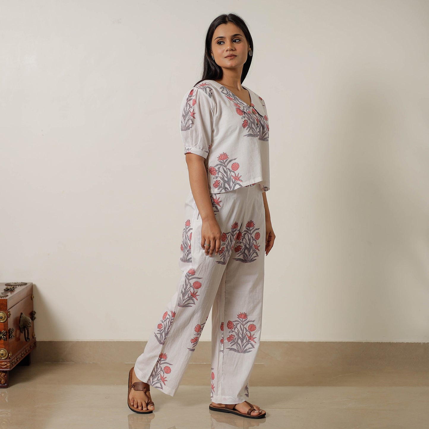 White - Sanganeri Block Printed Cotton Co-Ord Set 22