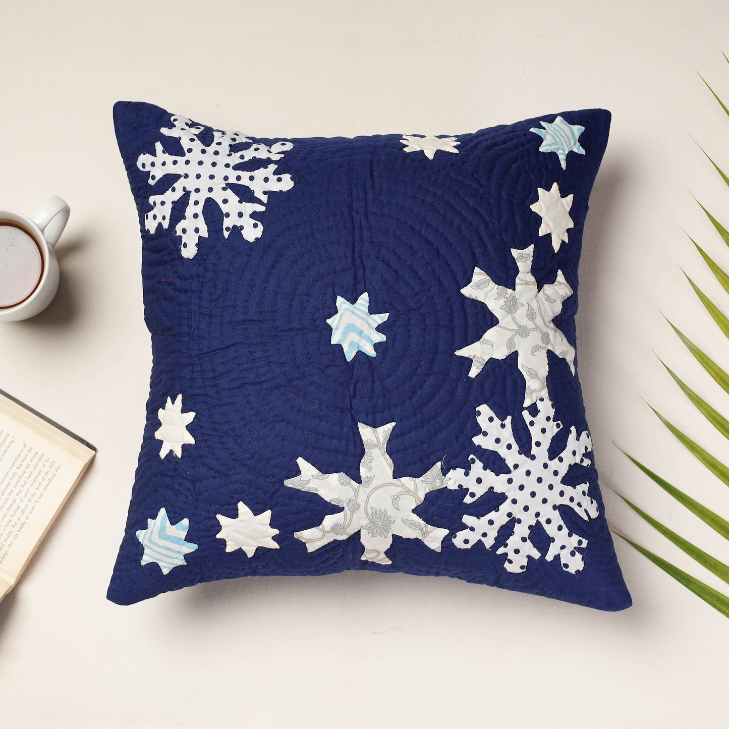 Blue - Applique Quilted Cotton Cushion Cover (16 x 16 in)