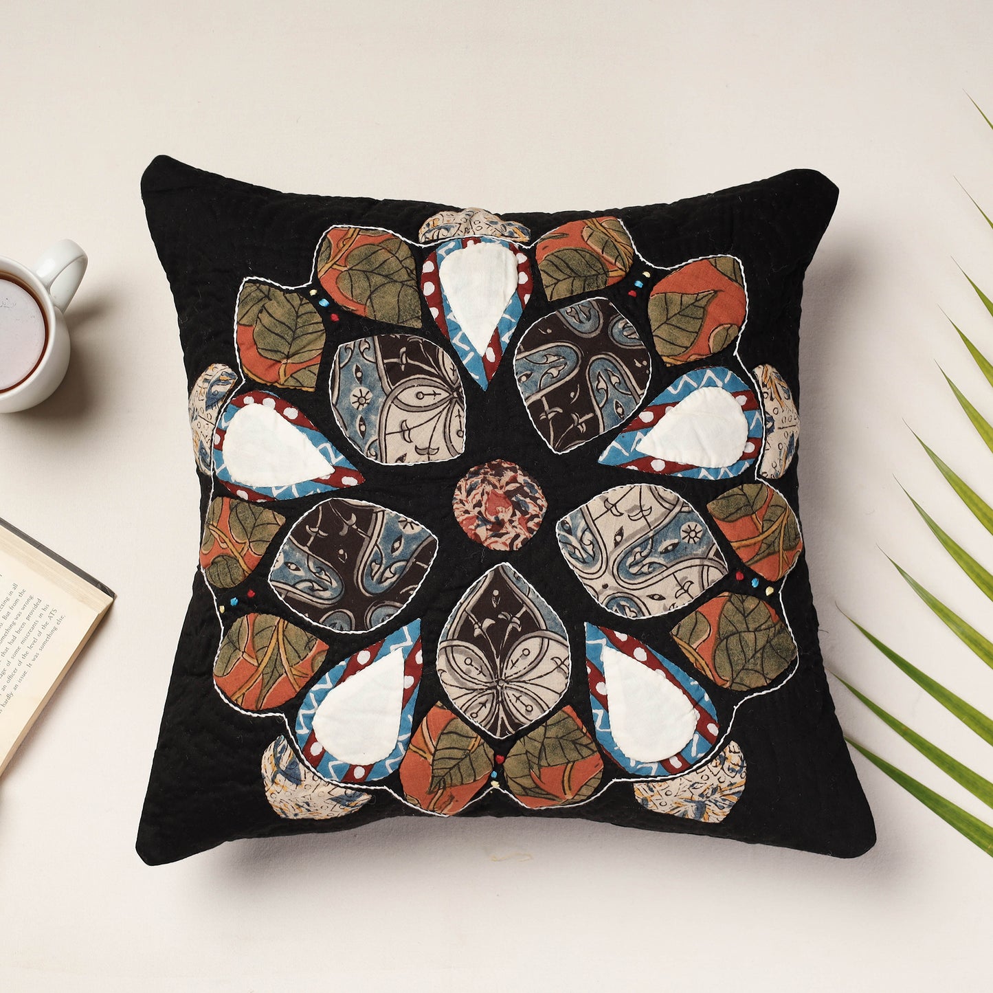 Black - Applique Quilted Cotton Cushion Cover (16 x 16 in)