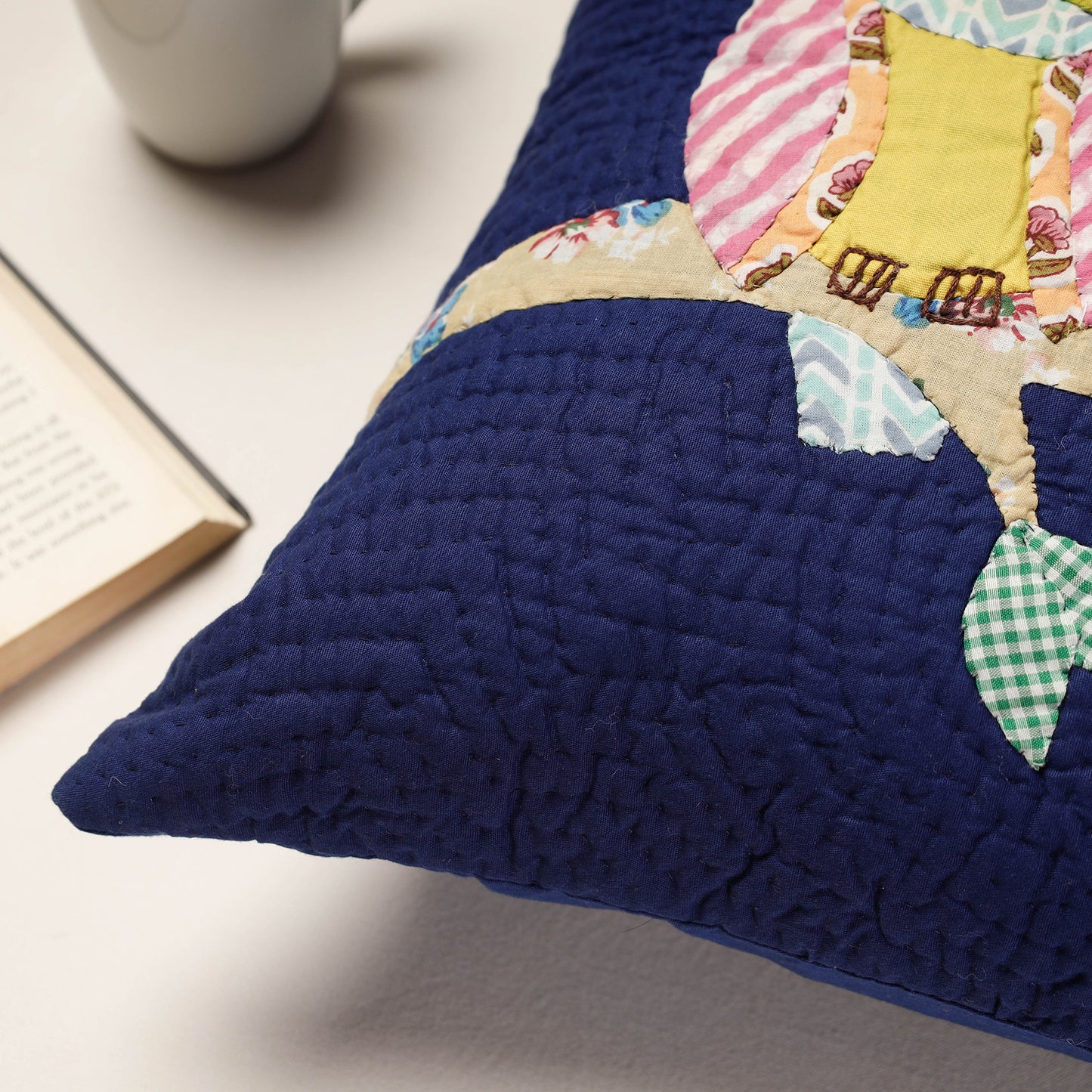 Blue - Applique Quilted Cotton Cushion Cover (16 x 16 in)