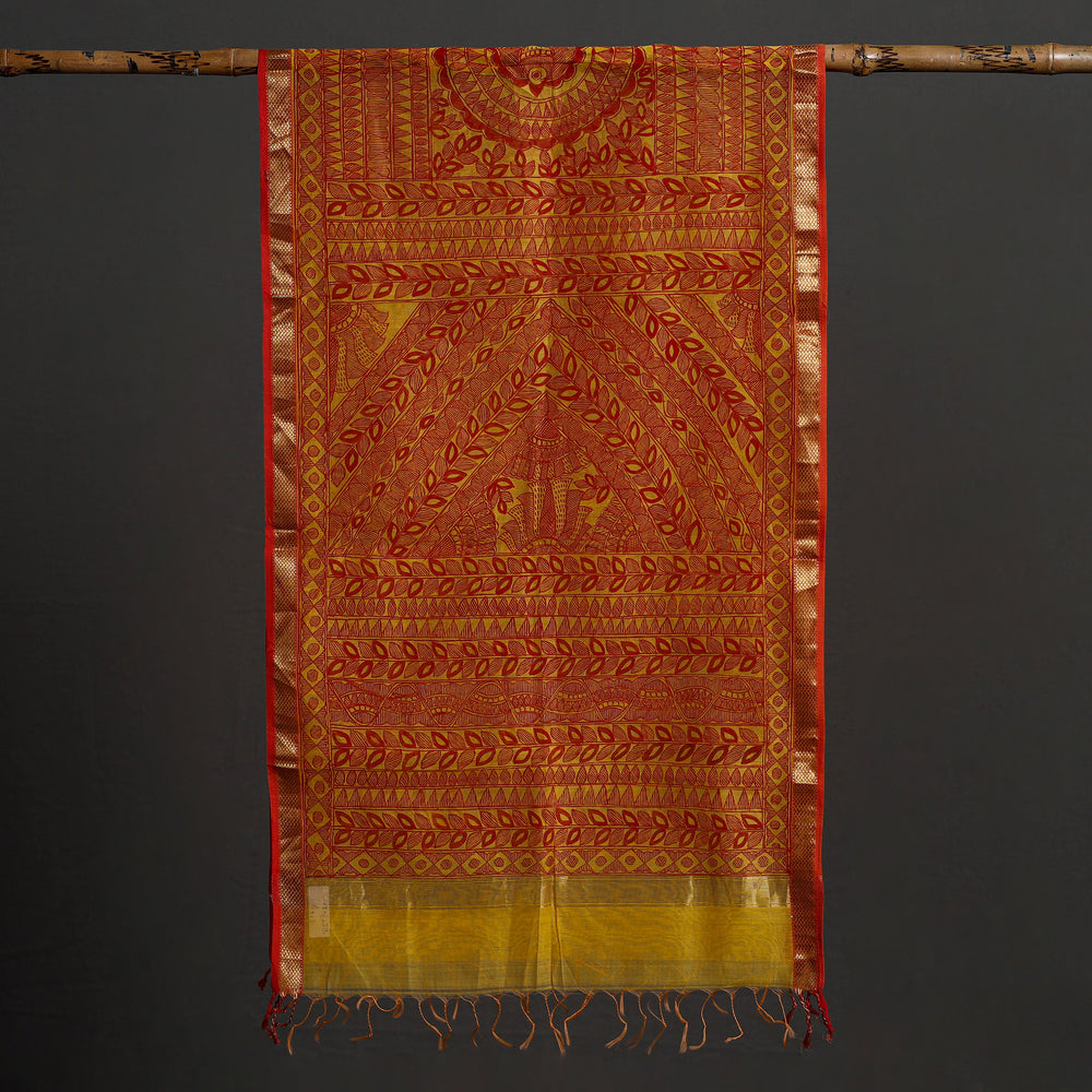 Orange - Madhubani Handpainted Chanderi Silk Handloom Stole 16