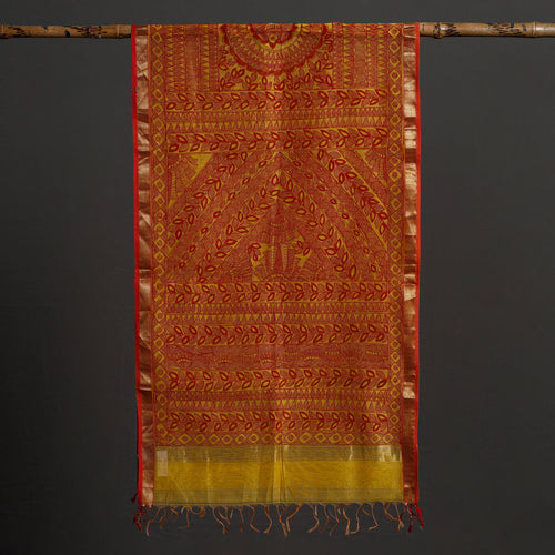 Orange - Madhubani Handpainted Chanderi Silk Handloom Stole 16