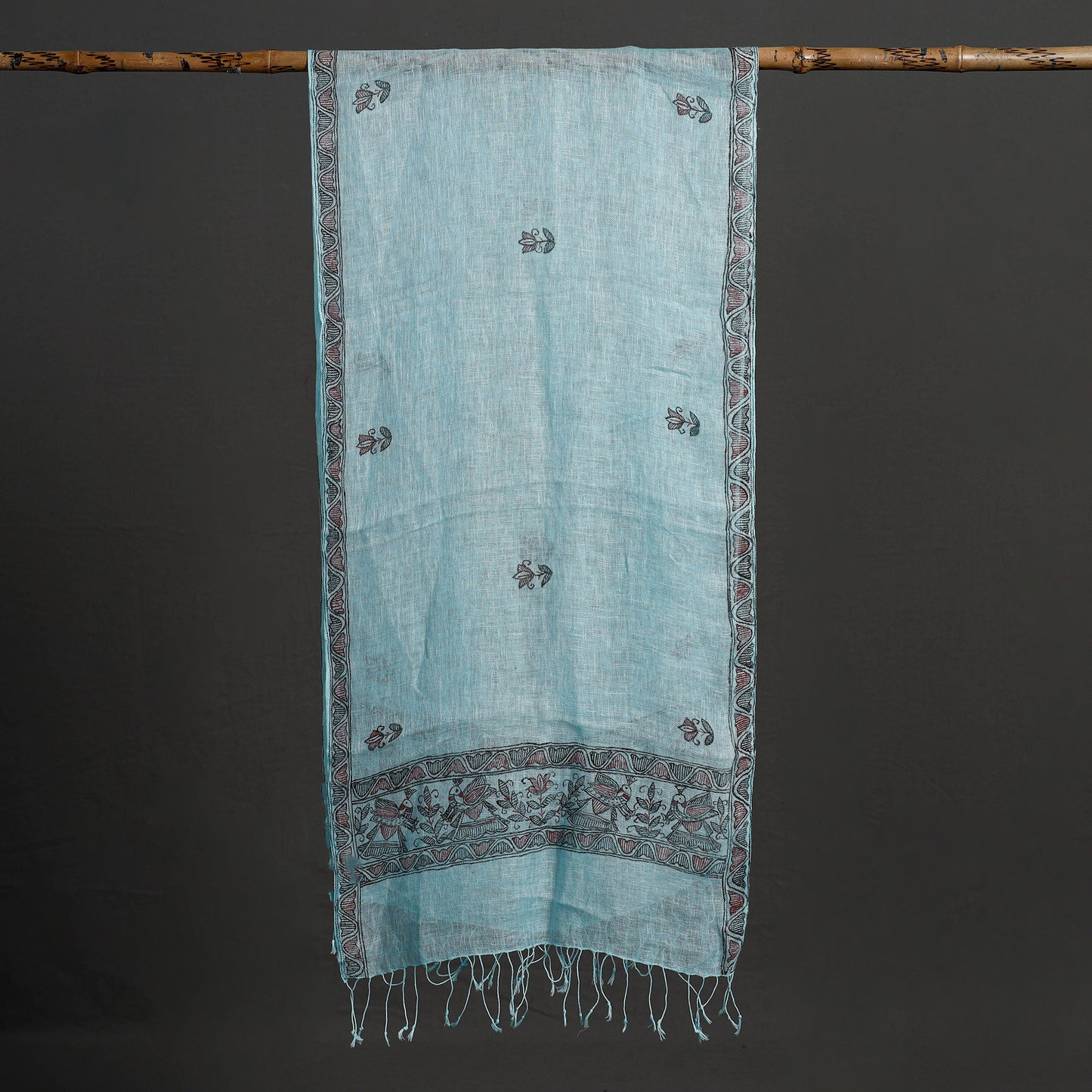 Blue - Madhubani Handpainted Linen Handloom Stole 13
