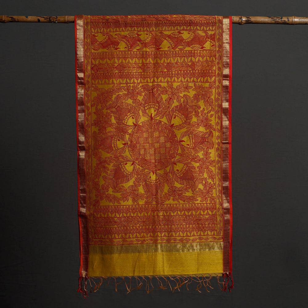 Orange - Madhubani Handpainted Chanderi Silk Handloom Stole 11