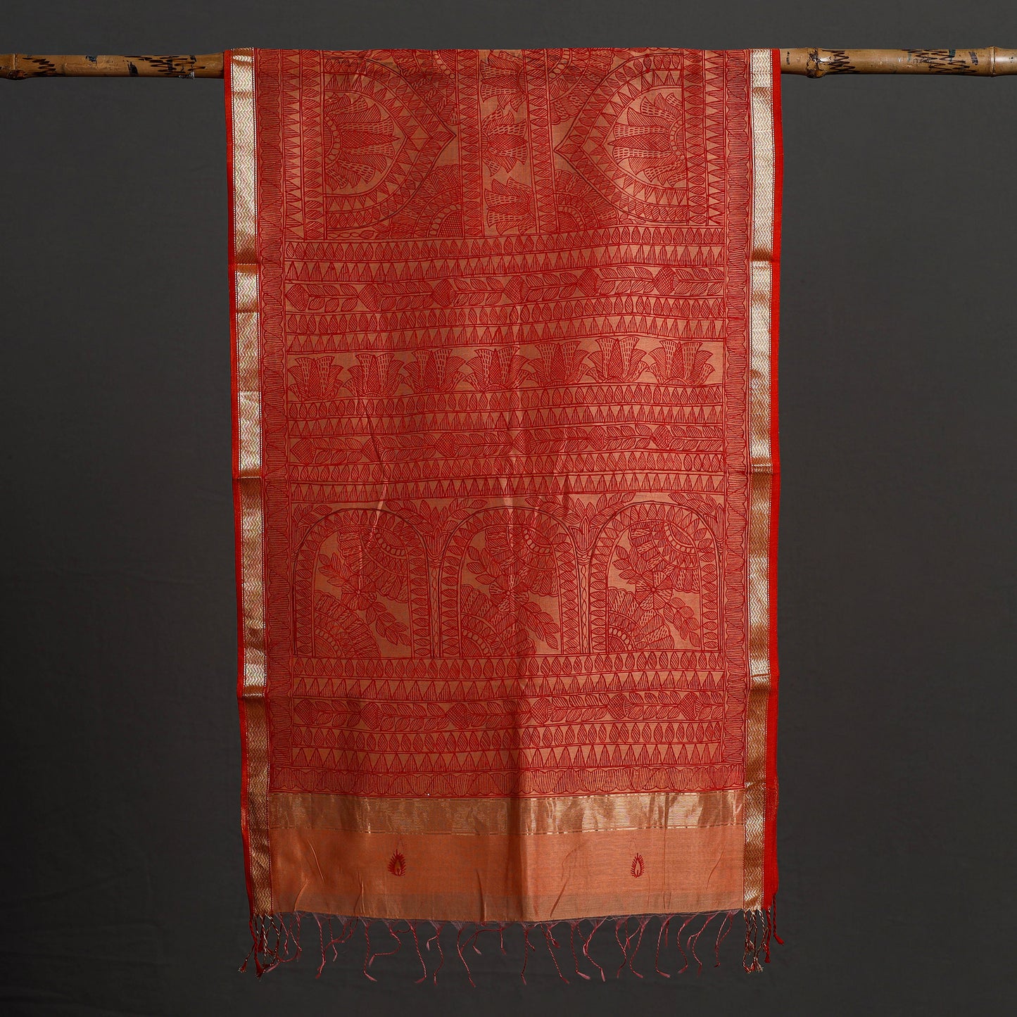 Orange - Madhubani Handpainted Chanderi Silk Handloom Stole 10