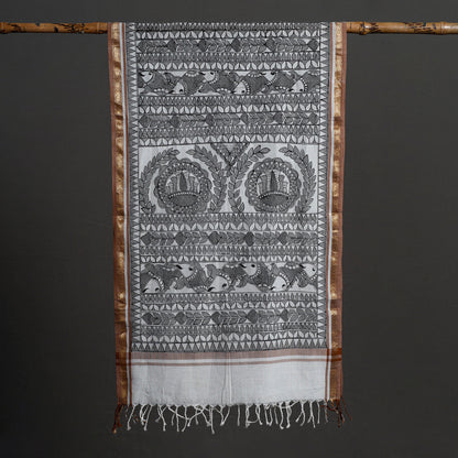 Grey - Madhubani Handpainted Silk Cotton Handloom Stole 09