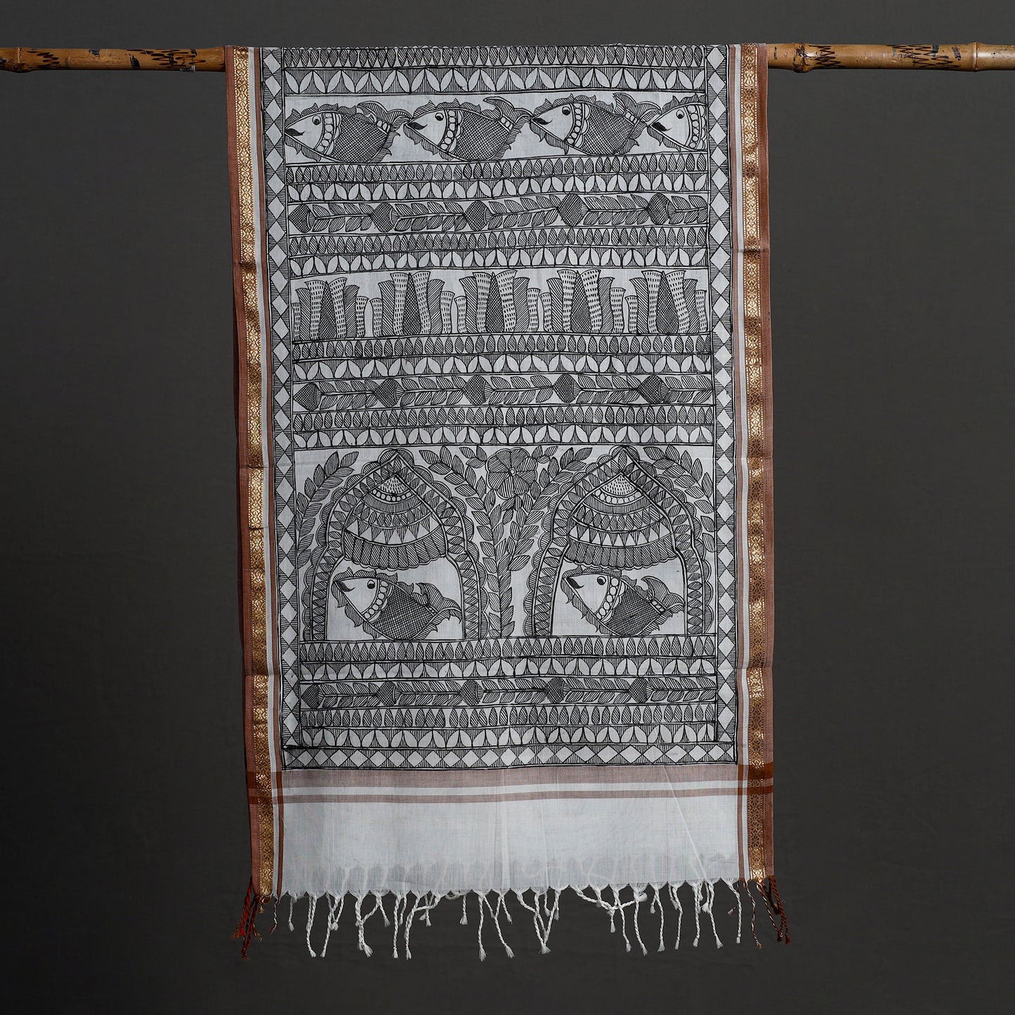 Grey - Madhubani Handpainted Silk Cotton Handloom Stole 08