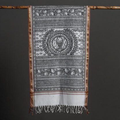 Grey - Madhubani Handpainted Silk Cotton Handloom Stole 07