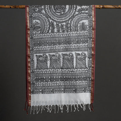 Grey - Madhubani Handpainted Silk Cotton Handloom Stole 06