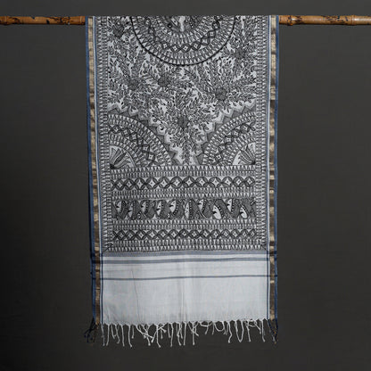 Grey - Madhubani Handpainted Silk Cotton Handloom Stole 05