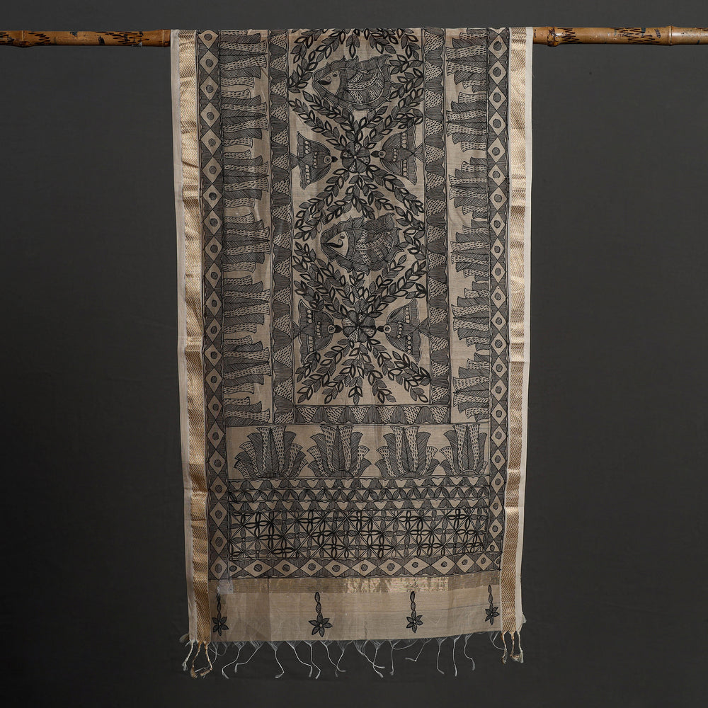 Grey - Madhubani Handpainted Chanderi Silk Handloom Stole 04