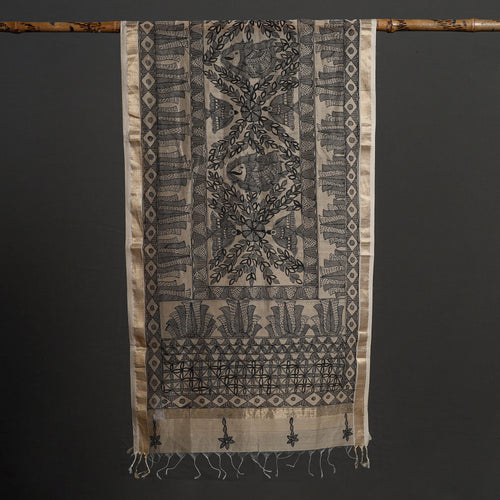 Grey - Madhubani Handpainted Chanderi Silk Handloom Stole 04