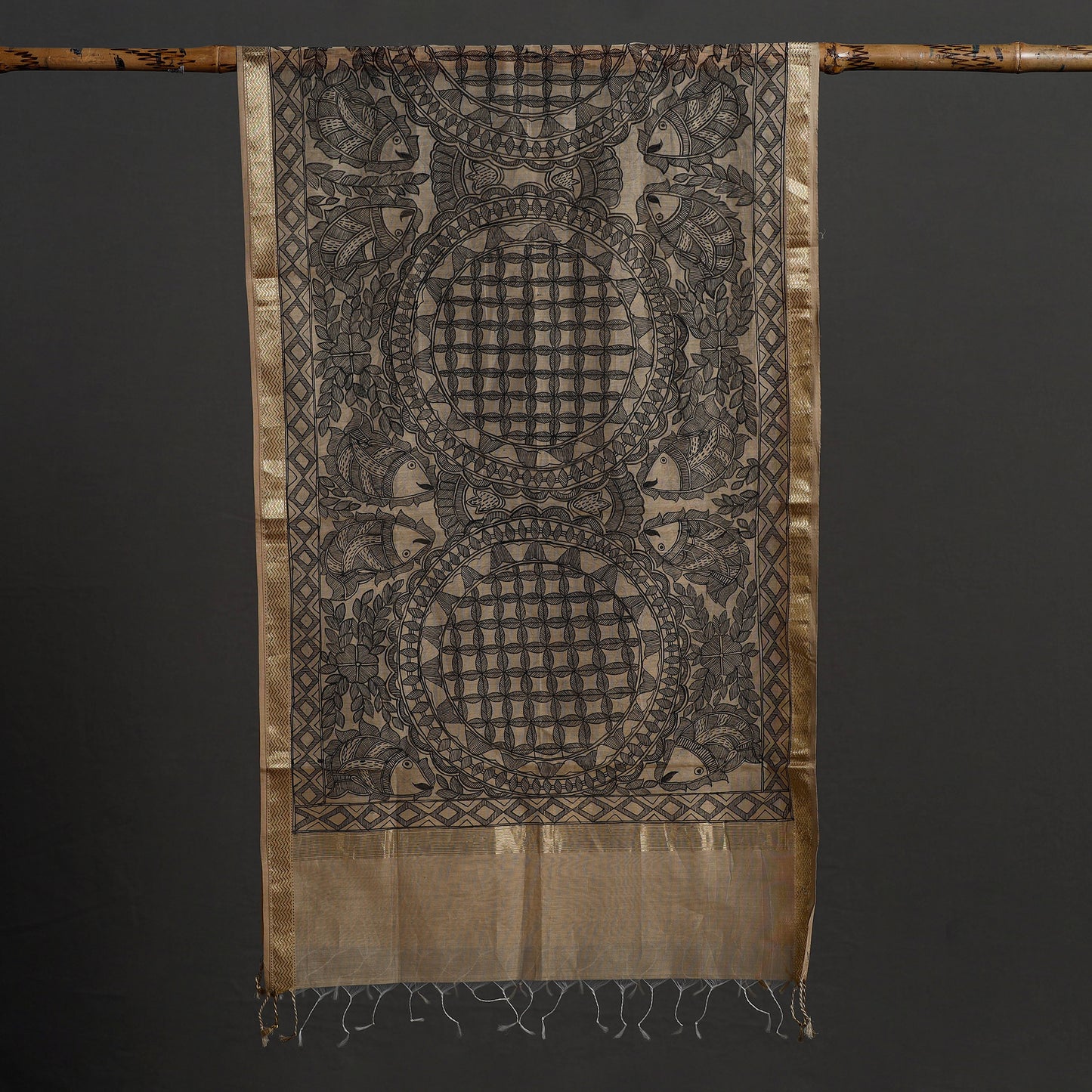 Grey - Madhubani Handpainted Chanderi Silk Handloom Stole 03