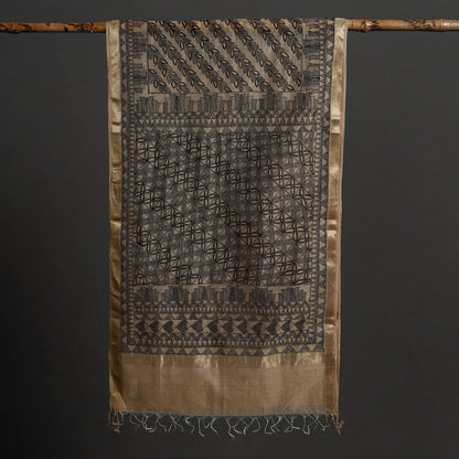 Grey - Madhubani Handpainted Chanderi Silk Handloom Stole 02