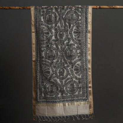 Grey - Madhubani Handpainted Chanderi Silk Handloom Stole 01