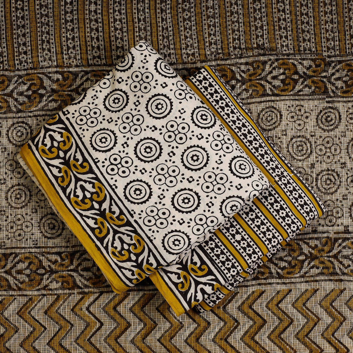 Beige - 3pc Bagru Block Printed Cotton Suit Material with Kota Doria Dupatta