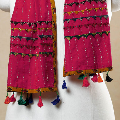 Pink - Kutch Tagai Work Ajrakh Border Cotton Stole with Tassels