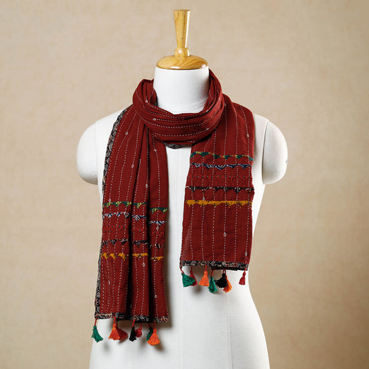 Red - Kutch Tagai Work Ajrakh Border Cotton Stole with Tassels