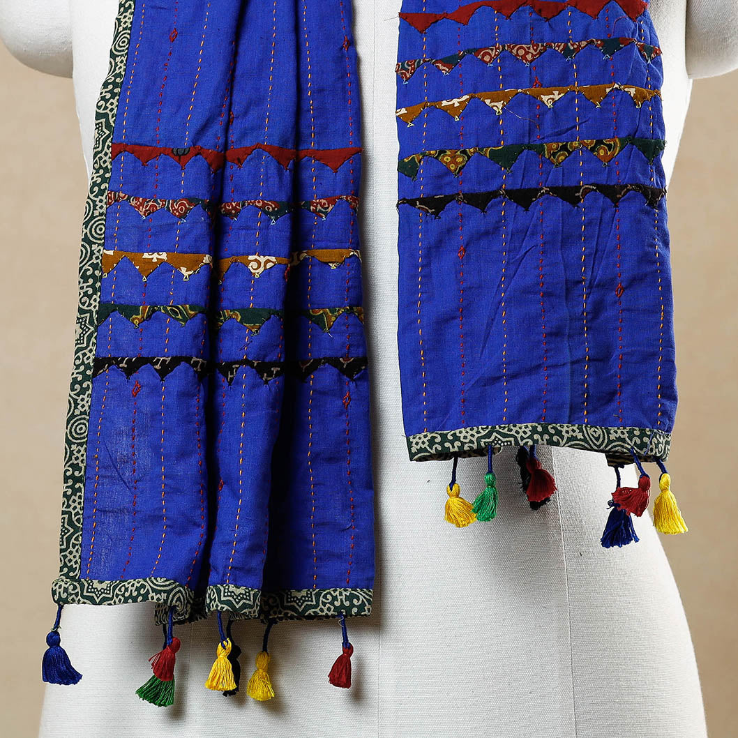 Blue - Kutch Tagai Work Ajrakh Border Cotton Stole with Tassels