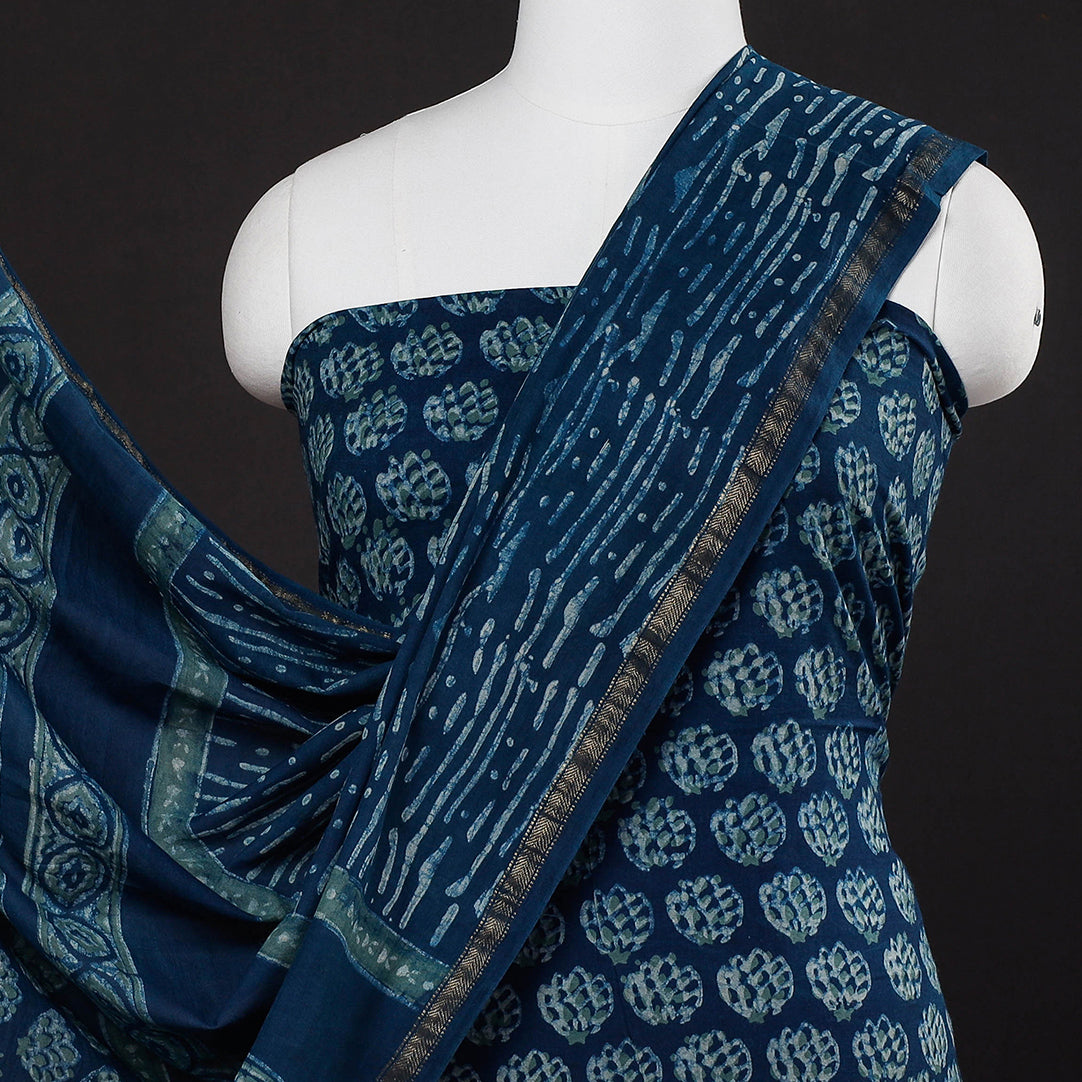 Blue - 3pc Akola Block Printed Cotton Suit Material Set