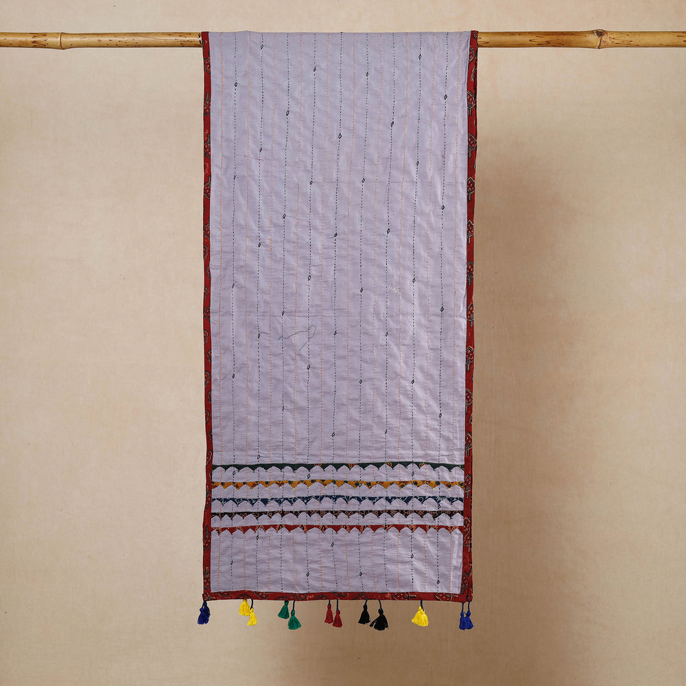 Purple - Kutch Tagai Work Ajrakh Border Cotton Stole with Tassels