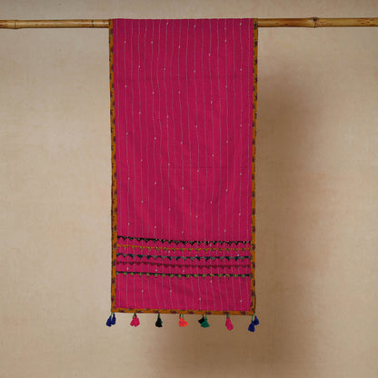 Pink - Kutch Tagai Work Ajrakh Border Cotton Stole with Tassels
