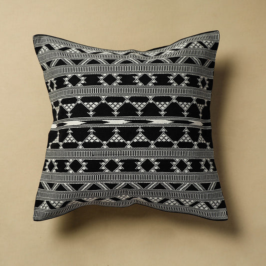 Black - Urmul Kashida Stitch Handloom Cotton Cushion Cover (18 x 18 in) 86