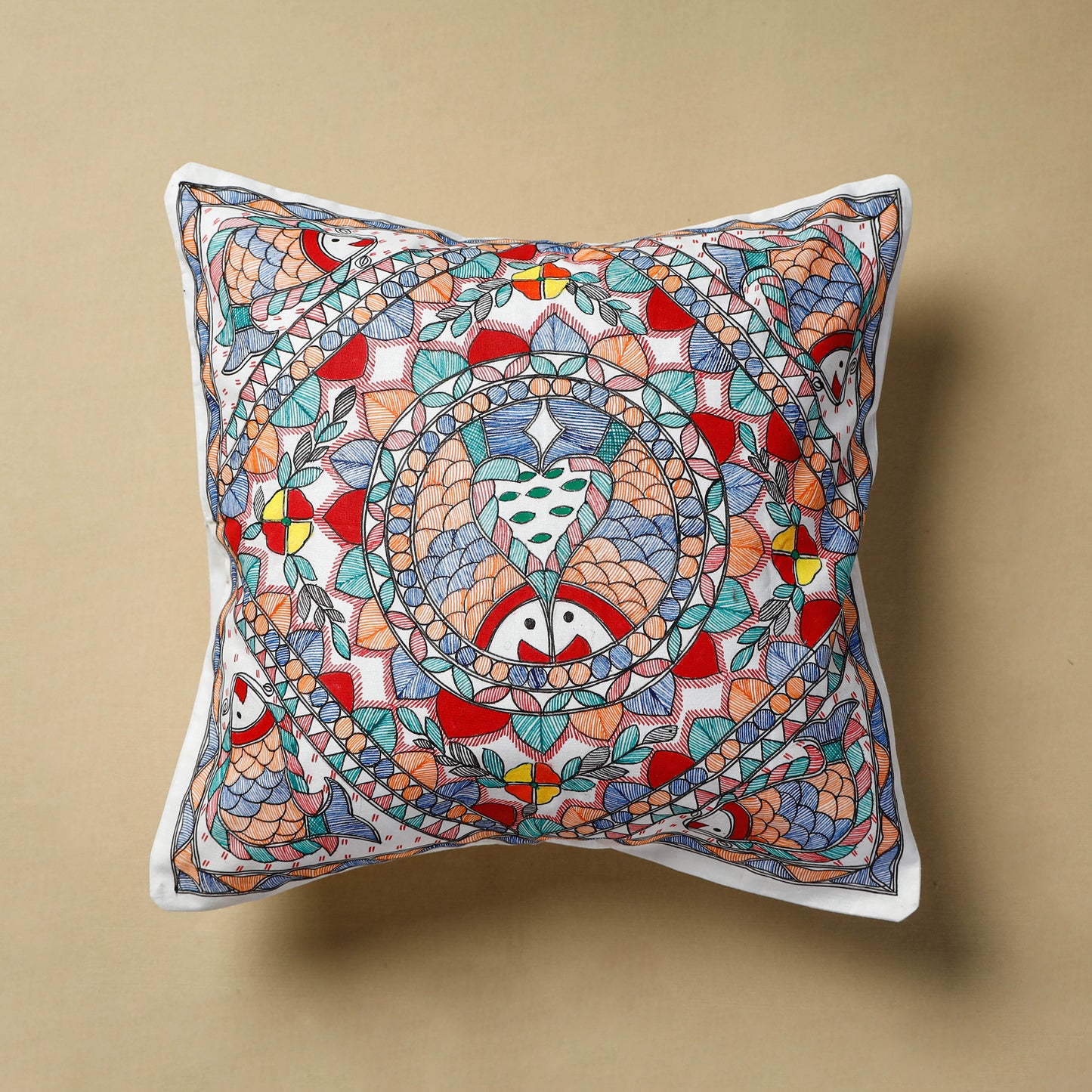 Multicolor - Madhubani Handpainted Cotton Cushion Cover (16 x 16 in) 87