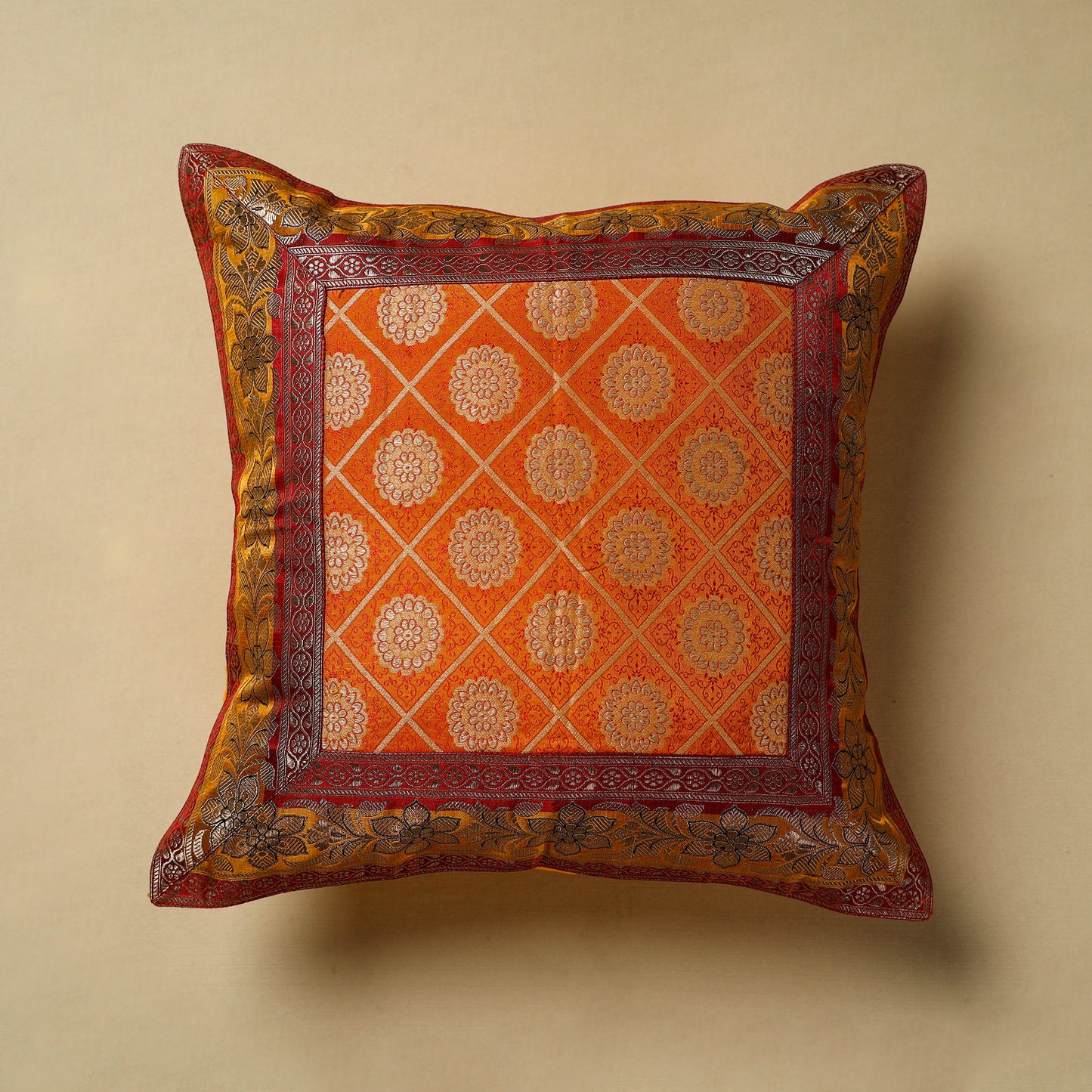 Orange - Banarasi Handwoven Silk Zari Cushion Cover (16 x 16 in) 89