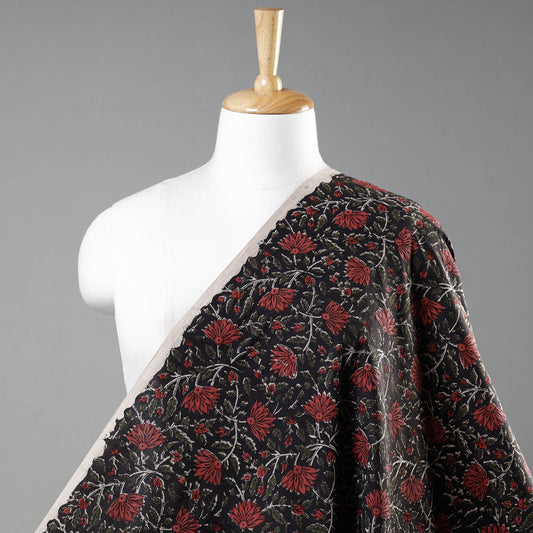 Black - Red Phool Jaal Bagru Kalamkari Block Printed Cotton Fabric